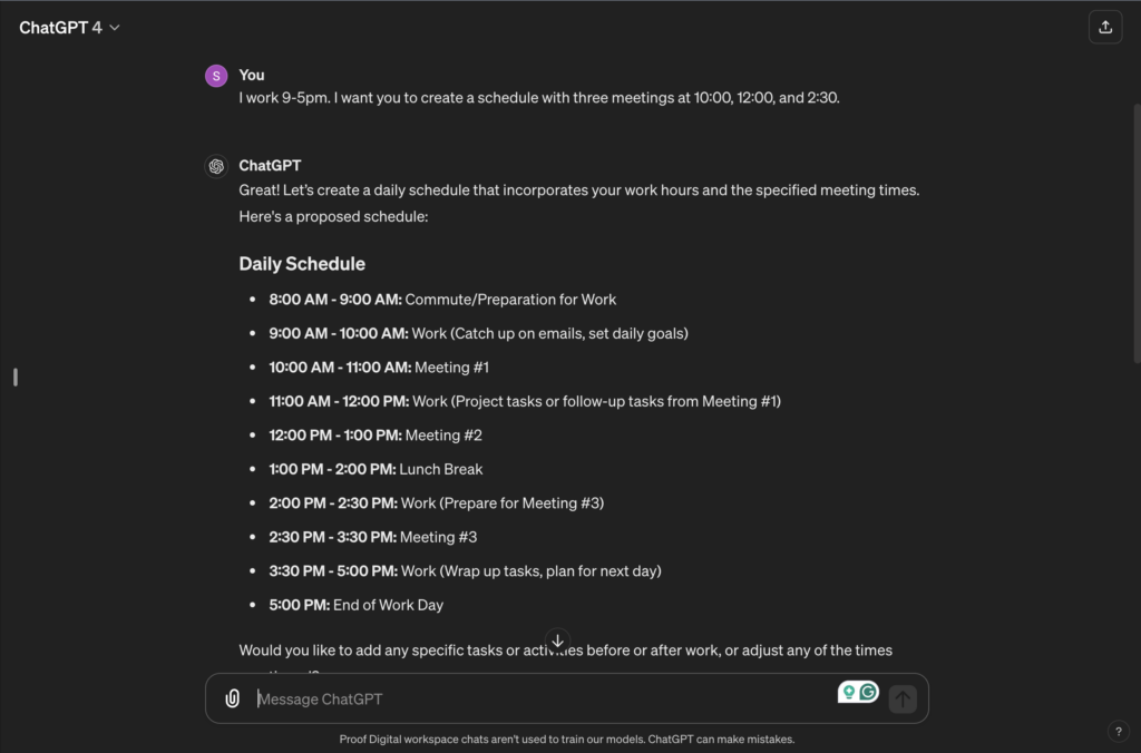 ChatGPT conversation where the user asks for a work schedule from 9–5pm with meetings at 10:00, 12:00, and 2:30 and ChatGPT responds with a detailed timeline